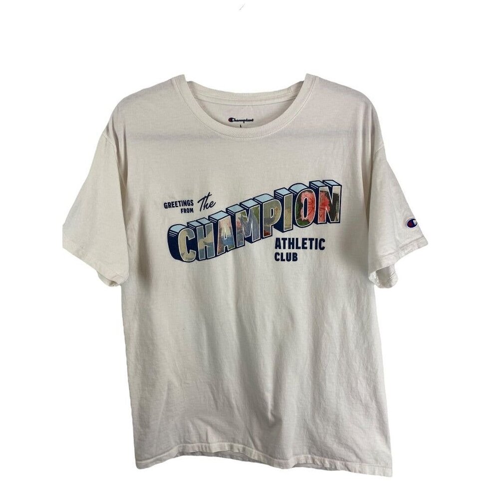 Large Champion Men's White Tshirt Short Sleeve "Greetings from the Champion Athl